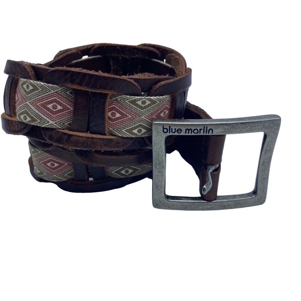 Rare Blue Marlin Unisex Genuine Leather Patterned Fabric Inlay Belt Size 36‎